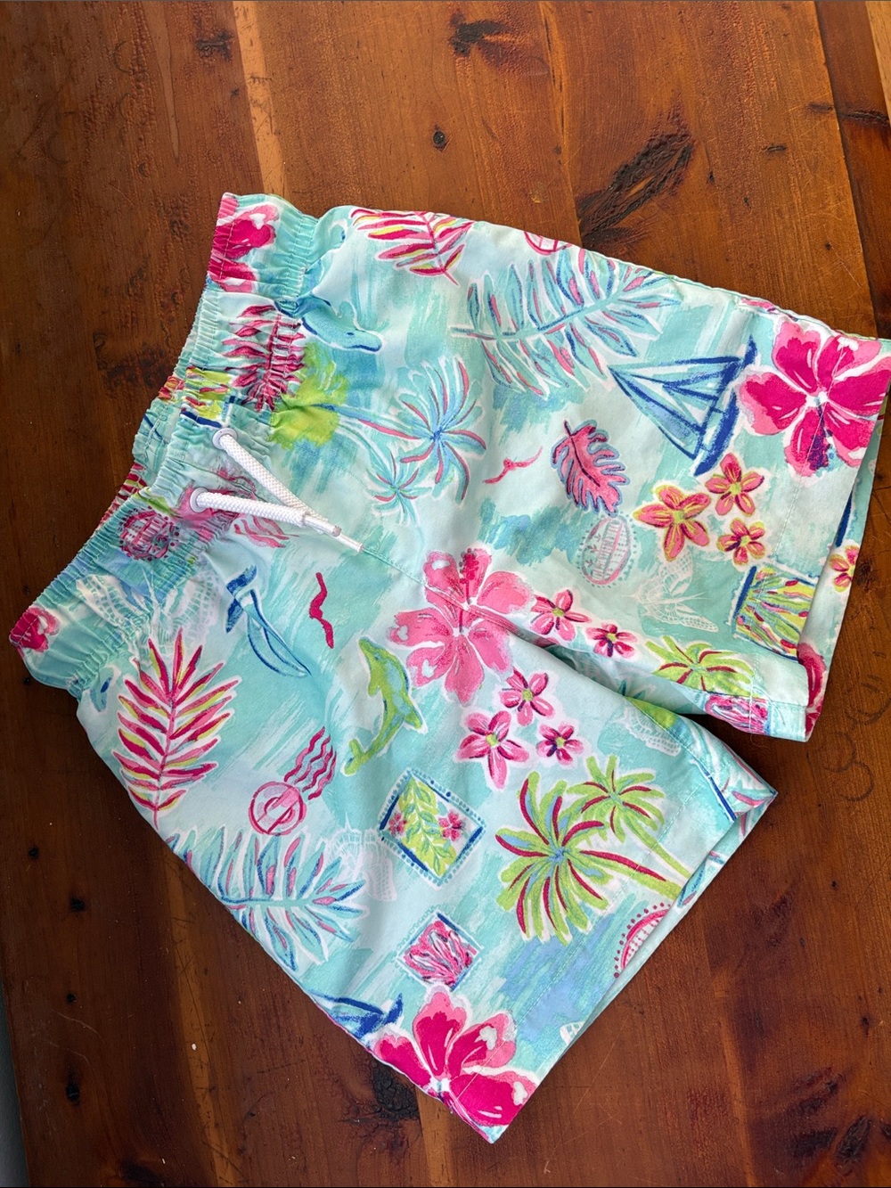 Place Mint Floral Swim Shorts with Pink Accents Boys size 5/6